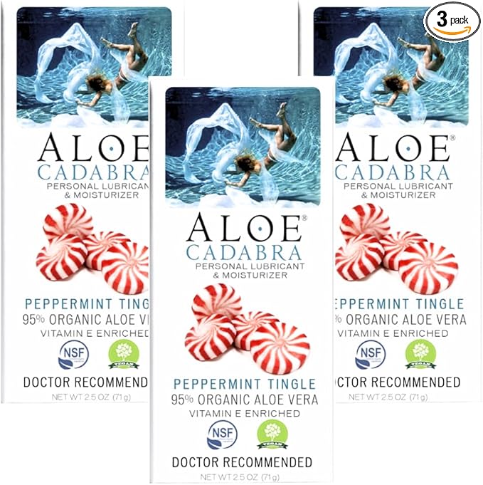 Aloe Cadabra Flavored Personal Lubricant and Vaginal Moisturizer, Organic Edible Aloe Lube for Men, Women and Couples, Non-Staining, pH Balanced, Toy Compatible (Peppermint, 2.5 Ounces, 3 Pack)
