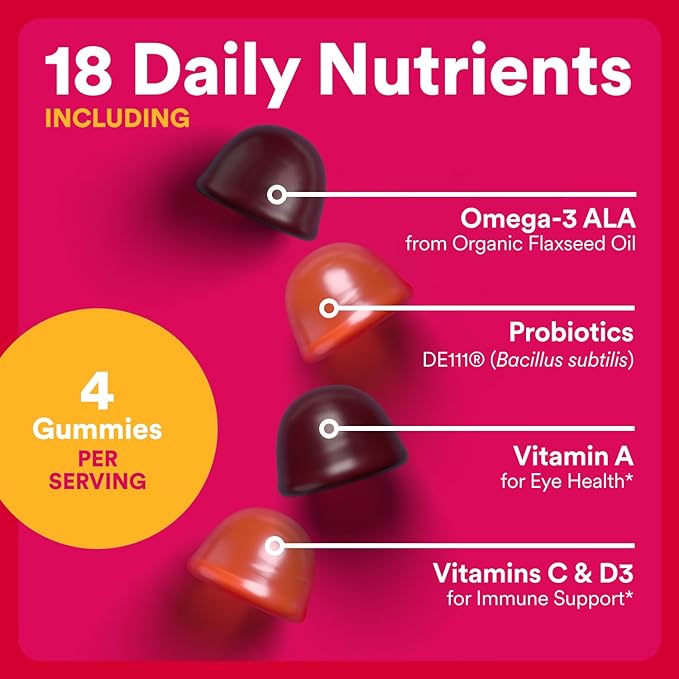 SmartyPants Organic Women's Multivitamin Gummies: Biotin, Probiotics, Methylfolate, Omega 3 (ALA), Vitamin D3, C, Vitamin B12, B6, A, K & Zinc, Inositol, Gluten Free, 120 Count (30 Day Supply)