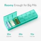 Barhon Pill Organizer Large, Weekly Pills Organizer Pill Box, Medicine Pill Organizer Travel, 7 Day Pill Case for Big Vitamins Supplements Fish Oil, Green