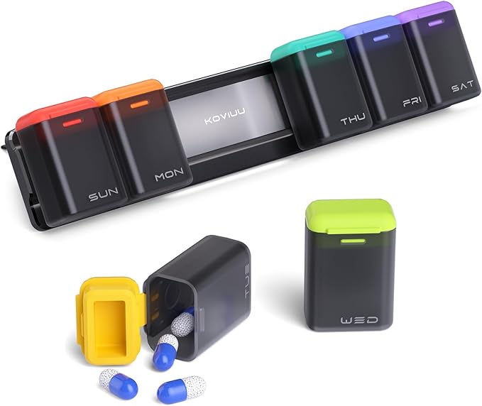 KOVIUU Weekly Pill Organizer Magnetic, Removable Pill Box 7 Day 1 Time a Day, Large Travel Pill Case, Week Once Daily Medication Dispenser, Medicine Container Holder for Supplement, Vitamin, Black