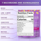 Mushroom Supplement Gummies with Ashwagandha and Lions Mane, Maitake, Turkey Tail, Reishi, Chaga, Shiitake, Cordyceps Nootropic Brain Supplement for Focus, Memory, Immune, Support and Stress Relief
