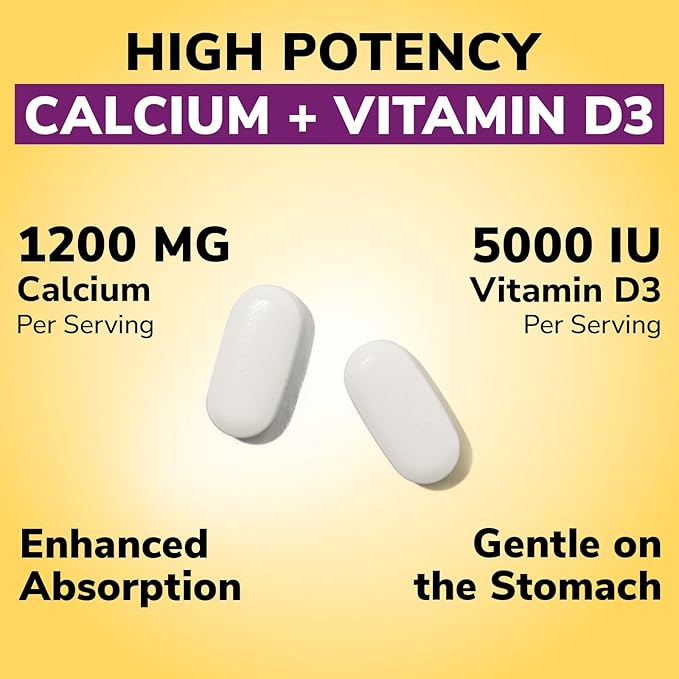 Vitalibre Calcium Supplements for Women - Calcium 1200 mg with Vitamin D3 5000IU, Bone Strength Density, Enhanced Absorption Stomach - Friendly Gentle, No Gluten, No Soy, Non GMO, 200 Coated Tablets