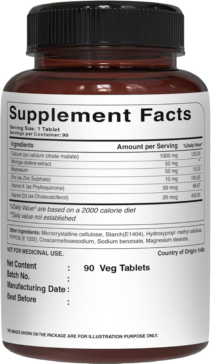 Pure Nutrition Ultra Calcium 1000mg with VIT D3 + K2 | 180 Tabs (90 X Pack of 2) | Calcium Supplement with Calcium Citrate Malate, VIT D3, K2, Moringa Oleifera, Magnesium and Zinc.