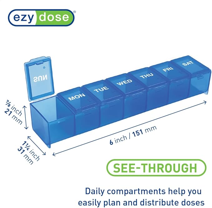 EZY DOSE Weekly (7-Day) Daily Pill Case, Medicine Planner, Vitamin Organizer, Supplement Container, Convenient and Easy to Use, Large Compartments, Travel Friendly, Blue, Made in the USA, BPA Free