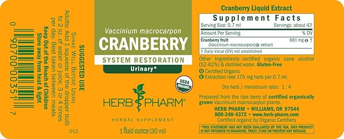 Herb Pharm Certified Organic Cranberry Liquid Extract for Urinary Tract Support - 1 Ounce