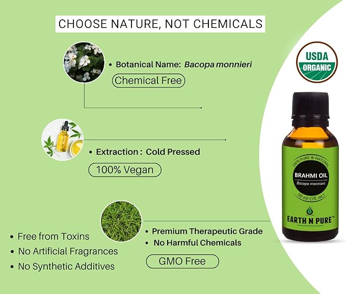 Earth N Pure Brahmi Oil for Hair, Cold Pressed, Natural and Therapeutic Grade with Glass Dropper - 30 ML