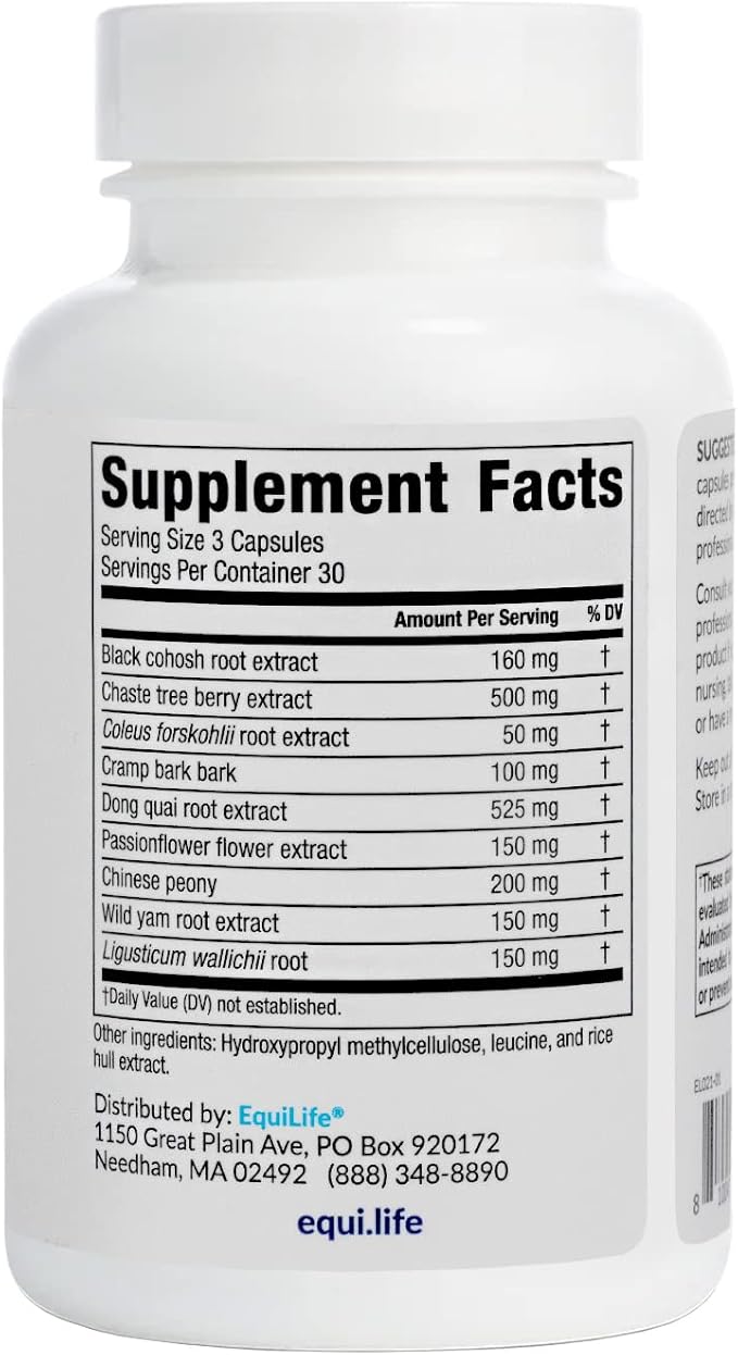 Equilife Herbal Progesterone Support for Women with Black Cohosh & Passion Flower -Ease Menopausal Symptoms, Promote Healthier Cycles, Boost Mood, Vegan, Non-GMO, Gluten, Dairy & Soy Free, 90 Capsules