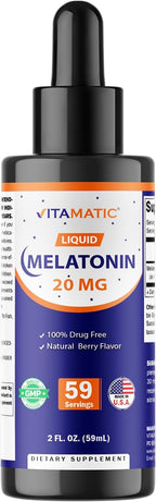Vitamatic Melatonin 20mg Liquid Drops – 2 Fluid Ounce (59ml) – Natural Berry Flavor – for Adults – Non-GMO – Vegetarian Supplement