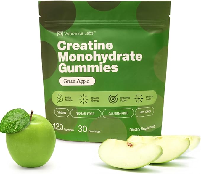 VYBRANCE LABS Creatine Gummies for Women & Men — First & Only 5g Creatine + Taurine + Vitamin B12 | Vegan Creatine Gummies | Sugar-Free | Sour Green Apple