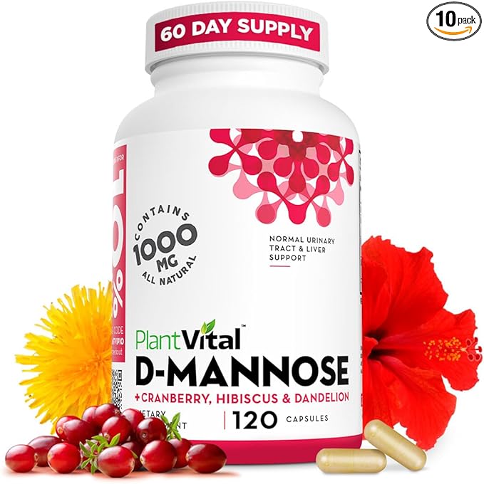 Plantvital D Mannose Capsules with Cranberry - D-mannose 1000mg per serving - High Potency for Bladder, Kidney and Urinary Tract Support - Cranberry Powder with Hibiscus and Dandelion- 2 Months Supply