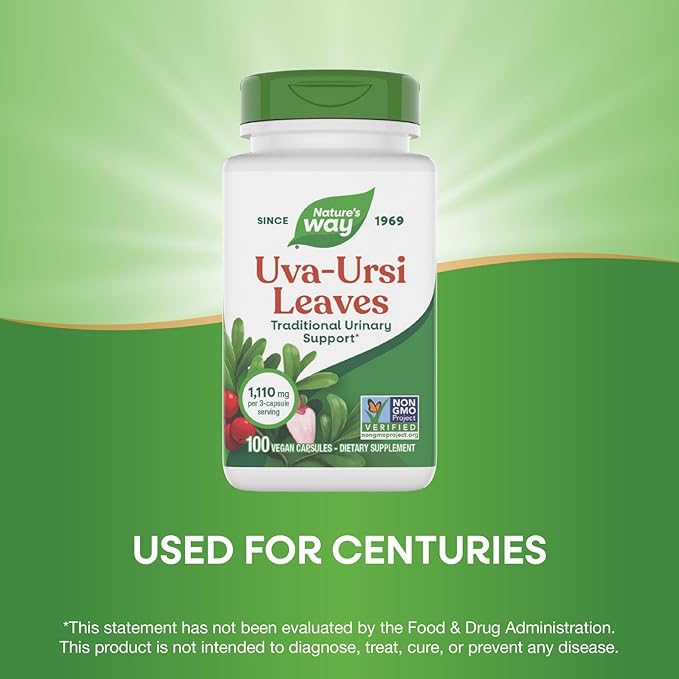 Nature's Way Uva Ursi Leaves, Traditional Urinary Support*, 1,110 mg per 3-Capsule Serving, Non-GMO Project Verified, Herbal Dietary Supplement, Gluten Free, 100 Vegan Capsules (Packaging May Vary)