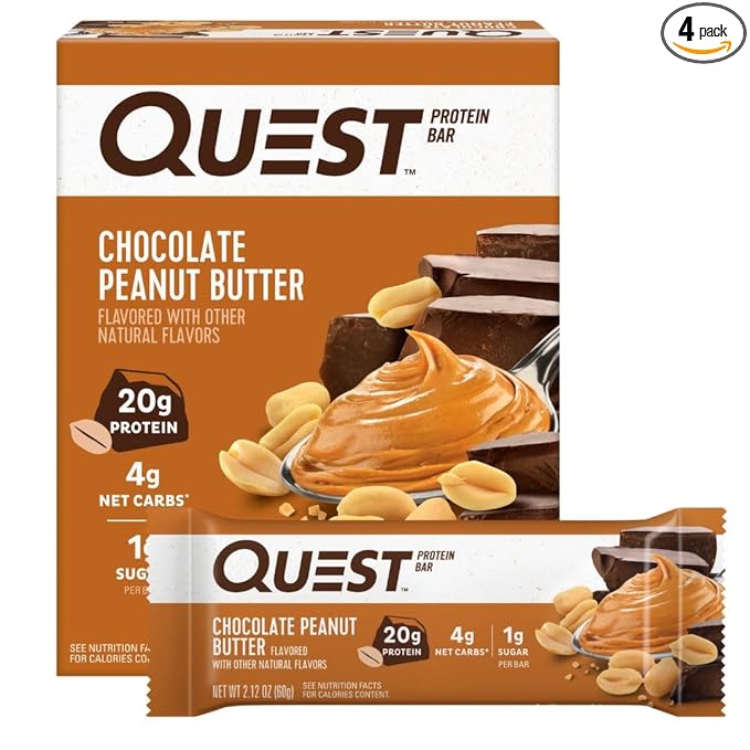 Quest Nutrition Chocolate Peanut Butter Protein Bars, 20g Protein, 1g Sugar, 5g Net Carb, Gluten Free, Keto Friendly, 4 Count