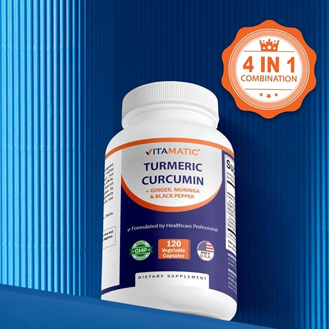 Vitamatic Turmeric Curcumin 10:1 Extract 290 mg – Plant-Based Botanical Extract with Black Pepper 5mg, Ginger 50mg & Moringa 500 mg – Vegetarian, Non-GMO, Gluten-Free – 120 Capsules