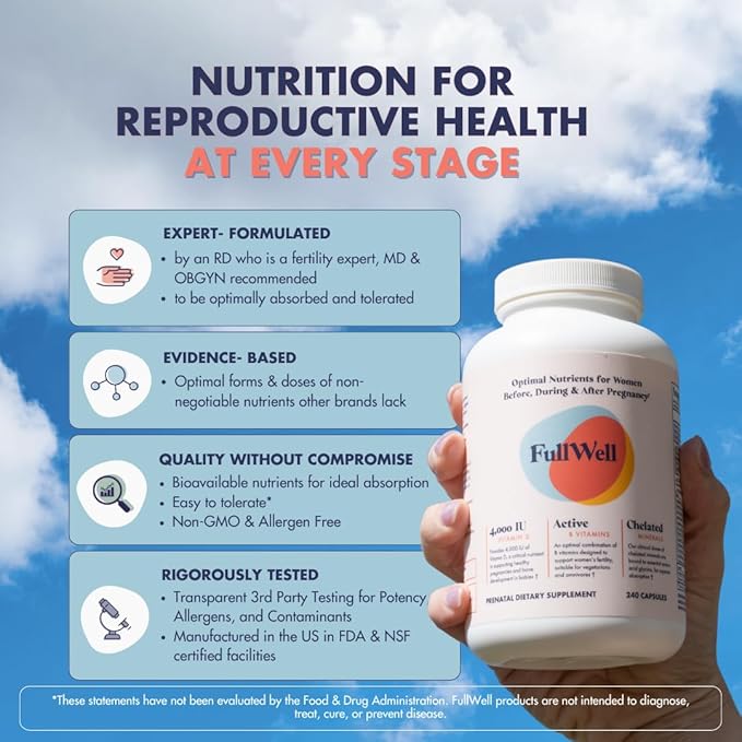 FullWell Women's Prenatal Multivitamin - Healthy Pregnancy Support - Contains Choline & Folate - Supports Fetal Growth & Brain Development* - 240 Count (60 Servings, 2 Pack)
