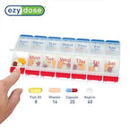 EZY DOSE Push Button (7-Day) Pill Case, Medicine Planner, Daily Vitamin Organizer, 2 Times a Day AM/PM, Large Compartments, Arthritis Friendly, Easy to Use, Clear Lids, Red/Blue, BPA Free