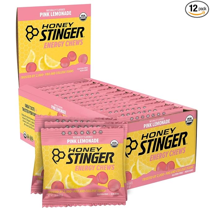 Honey Stinger Organic Pink Lemonade Energy Chew, Gluten Free & Caffeine Free, for Exercise, Running and Performance, Sports Nutrition for Home & Gym, Pre and Mid Workout, 21.6 Ounces (Pack of 12)
