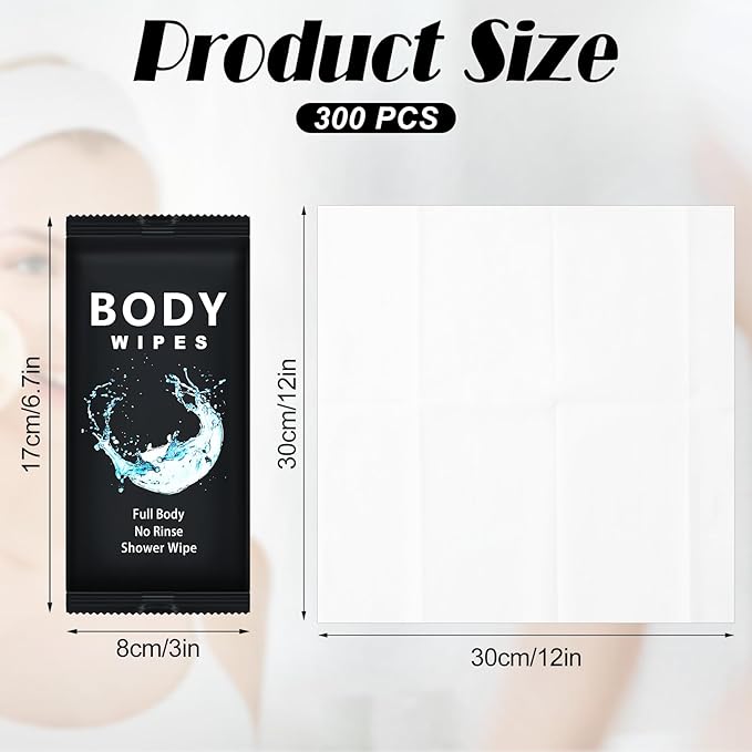 Treela 300 Pcs Large Body Wipes Bulk Deodorant Travel Size for Homeless Care Package Supplies Individually Wrapped Adults Bathing No Rinse Wet Wipes Men Women Hygiene Items(12" X 12'',Black)