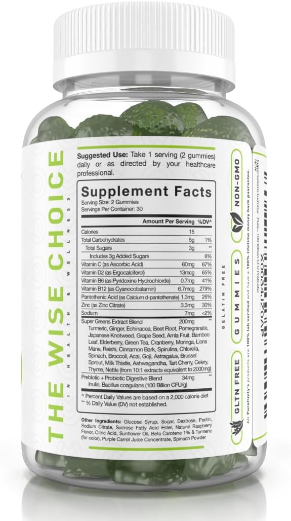 PUREFINITY Daily Super Greens Gummies with Spirulina, Spinach, Broccoli, Beet Root, Acai, and Other Vegetables, All-in-One Veggie Supplement – Non-GMO, Gluten Free, Vegan, 60 Count