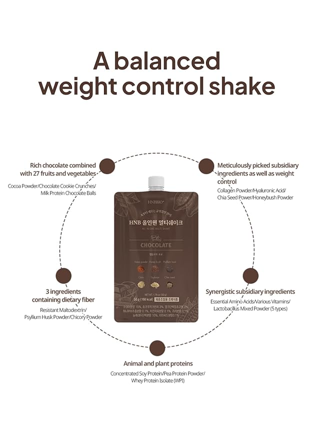 Korean Food All-In-One Multi Shake Chocolate(50g*7 Packs) Dietary Fiber, Essential Amino Acids, Vitamins, 7-Day Convenient Individual Packs (12.35 oz)