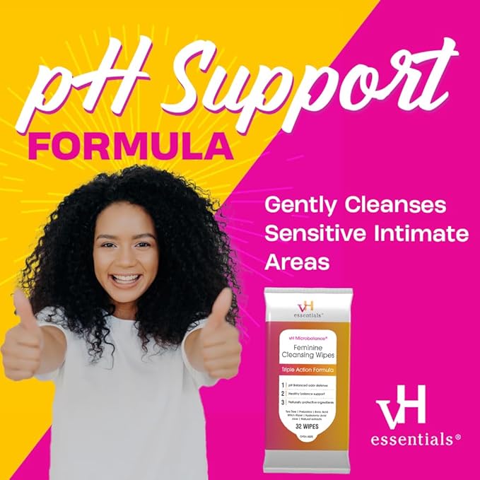 vH essentials Feminine Cleansing Wipes - pH Balanced, Prebiotics, Tea Tree & Aloe, Soothing Witch Hazel, Odor-Blocking Formula, Vaginal and Perianal Care, Paraben, Alcohol, and Fragrance-Free