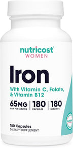 Nutricost Iron for Women 65mg, 180 Capsules, with Vitamin C, Folate, & Vitamin B12 - Vegetarian Friendly, Non-GMO, Gluten Free