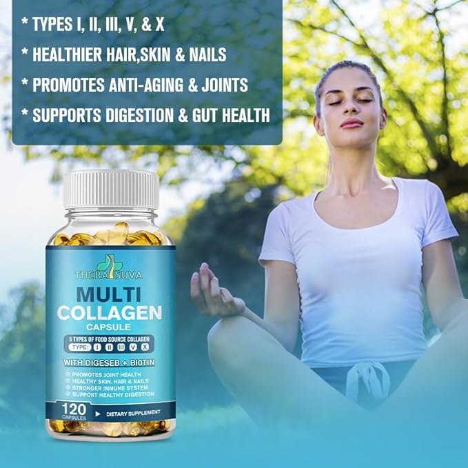 TheraSuva Multi-Collagen Complex + Biotin + Vitamin C – Types I, II, III, V & X – Natural Supplement for Hair, Skin, Nails & Joint Support, 2 Month Supply, 120 Softgels
