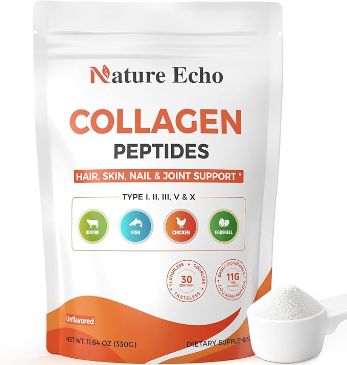 Collagen Peptides, 5 Types of Hydrolyzed Collagen Powder Supplement (I, II, III, V, X), 11g Collagen for Women & Men, Supports Hair, Skin, Nails, Joints & Bones, Unflavored, Keto Friendly, 30 Servings