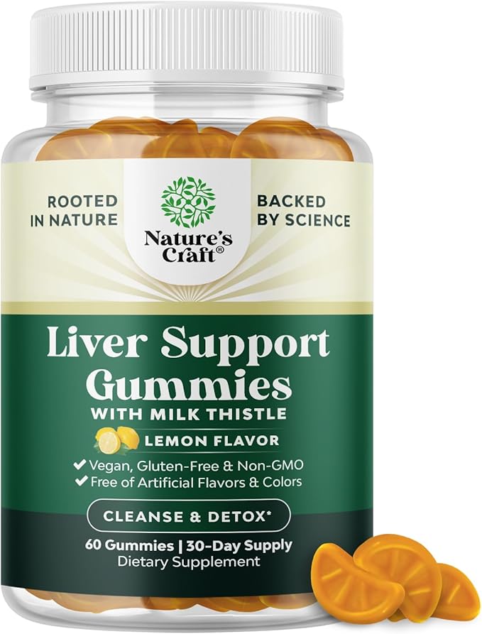 Natures Craft Cleansing Herbal Liver Detox Gummies Liver Support Milk Thistle Gummies with Artichoke Extract Turmeric Curcumin and L-Carnitine - Vegan and Non-GMO - Sweet Lemon (30 Servings)