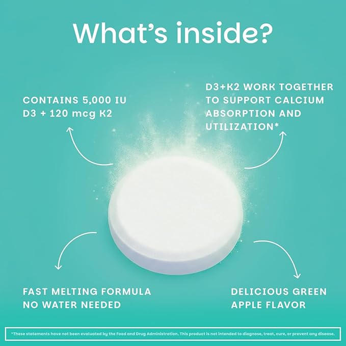 EZ Melts Dissolvable Vegan Vitamin D3 + K2 5,000 IU - Bone & Heart Health Support - Immune Function Support - No Artificial Flavors - Non-GMO - Green Apple - 90 Dissolvable Tablets (90 Servings)