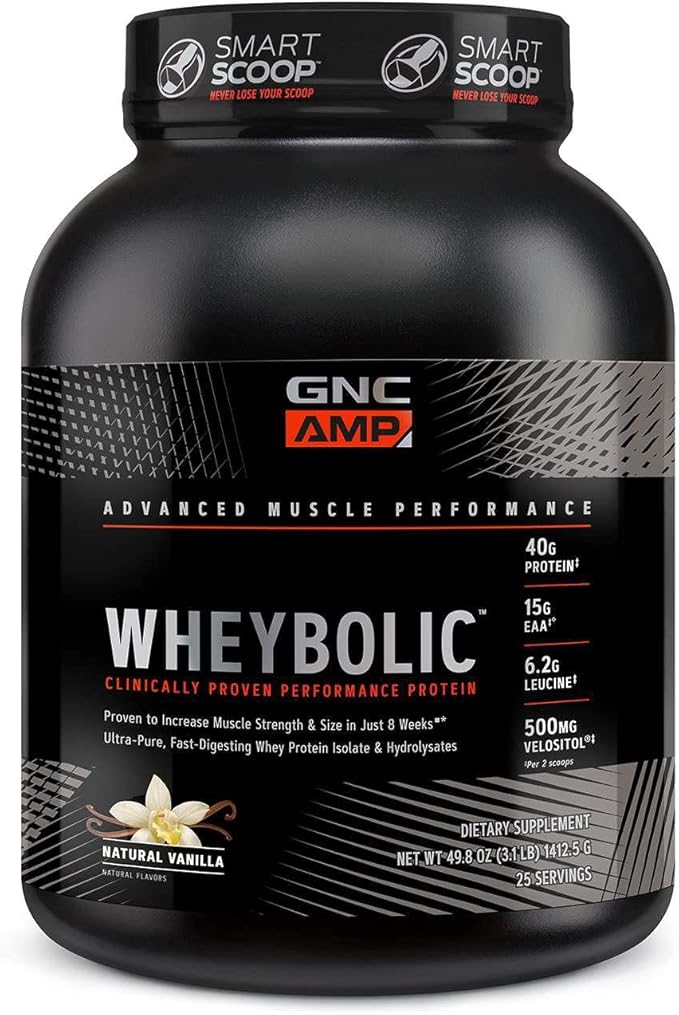 GNC AMP Wheybolic Clinically Proven Protein Powder, 40g Whey Protein, BCAA, Leucine, Increases Muscle Strength, Muscle Building, 3rd Party Tested, Gluten Free, Natural Vanilla, 25 Servings