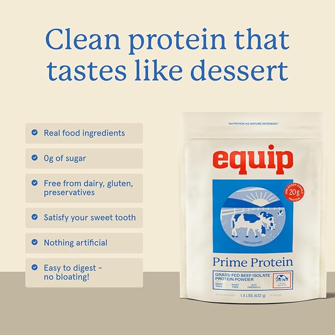 Equip Foods Prime Protein Powder | Clean, Grass Fed Beef Protein Powder | Carnivore Protein Isolate | Paleo, Keto Friendly | Gluten & Dairy Free | Helps Build & Repair Tissue | 30 Servings, Unflavored