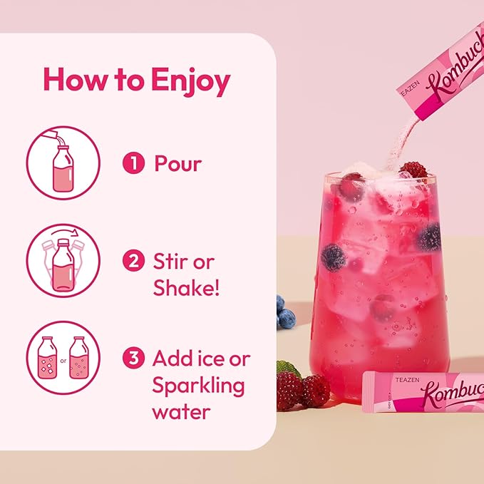TEAZEN Berry Kombucha Powder, Hydration Drink Mix, Sugar Free, Live Probiotics & Prebiotics, On-the-Go 10 Packets, 1.76oz