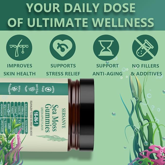 Sea Moss Gummies 16-in-1, with Black Seed Oil, Ashwagandha & Elderberry | Organic Irish Sea Moss Supplement for Men & Women | Daily Support with Manuka, Burdock Root & Vitamins C & D3, 30 Gummies