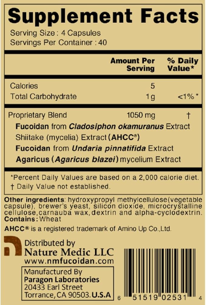 Fucoidan Powered with AHCC® Brown Seaweed Immunity Supplement with High Purity Mekabu Mozuku Agaricus 20 Bottles + Free 2 Bottles - 3520 Vegetable Capsules
