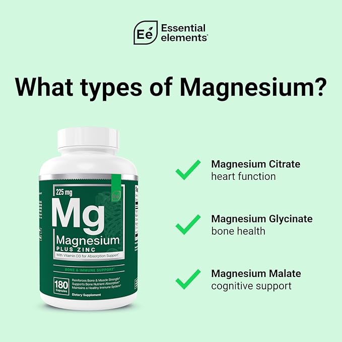 Essential Elements Magnesium Plus Zinc with Vitamin D3 - Scientifically Formulated Heart, Bone, & Muscle Support - 225mg Triple-Strength Magnesium Complex with Glycinate, Malate, Citrate - 540 Count
