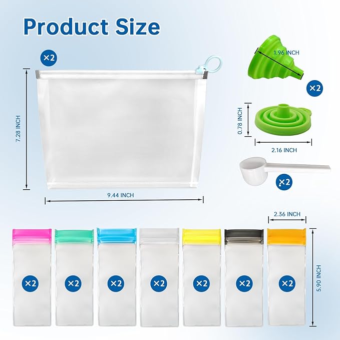 14PCS Protein Powder Travel Container Set, Reusable Powder Supplement Container To Go Reusable Protein Powder Bags and 2pc Large Standable Zip Bags for Workout, Fitness, Travel