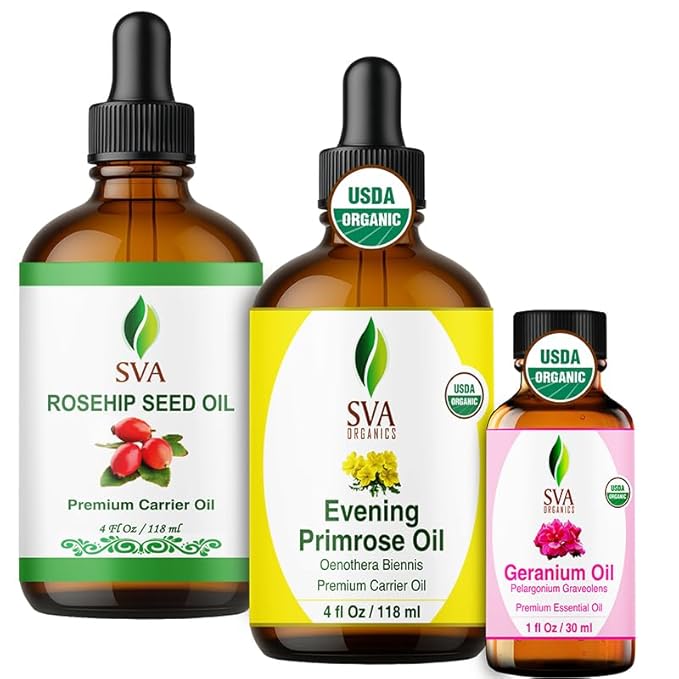 SVA Evening Primrose, Geranium, and Rosehip Oil 4 oz Bundle Super Saver Combo – Premium Grade Bundle Set for Hair Oiling, Scalp Massage, Hair Care, Face, Skin Care and Body Massage