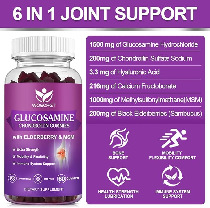 WOGORGT Glucosamine Chondroitin Gummies for Women & Men - 1500mg Glucosamine Chondroitin with MSM & Elderberry - Flexibility & Immune Support - 60 Gummies (2 Pack)