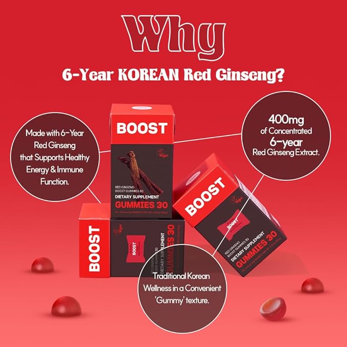dr.blet Red Ginseng Boost Gummies – Daily Energy & Immune Support, Strawberry-Flavored Vegan Gummies with 6-Year Korean Red Ginseng, Caffeine-Free, No Added Sugar – 30 Count