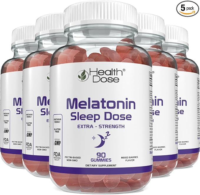 Health Dose Melatonin 6 mg Extra Strength Gummy, Pre-Bedtime Supplement for Restful Sleep, Adults, 90 Gummies, Mixed Berries Flavor, Pack of 5.
