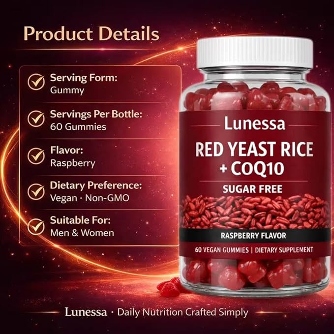 Lunessa Red Yeast Rice, with Red Yeast Rice 2400mg, CoQ10 200mg, Restores Body Vitality & Maintains Healthy Cholesterol Levels for Men & Women, Non-GMO, Vegan, Raspberry Flavor, 60 Gummies (1)