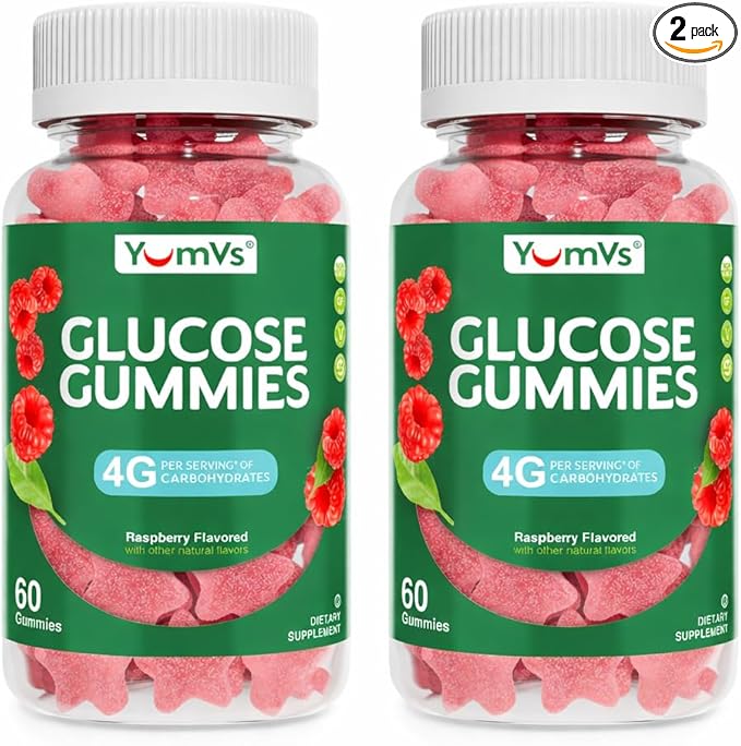 YUM-V'S Glucose Gummies – Fast Acting Glucose Chewable Gummies – Great Tasting – Gluten Free, Vegan, Non-GMO – Berry Natural Flavor – 60 Chewable Gummy for Adults & Kids (Pack of 2)