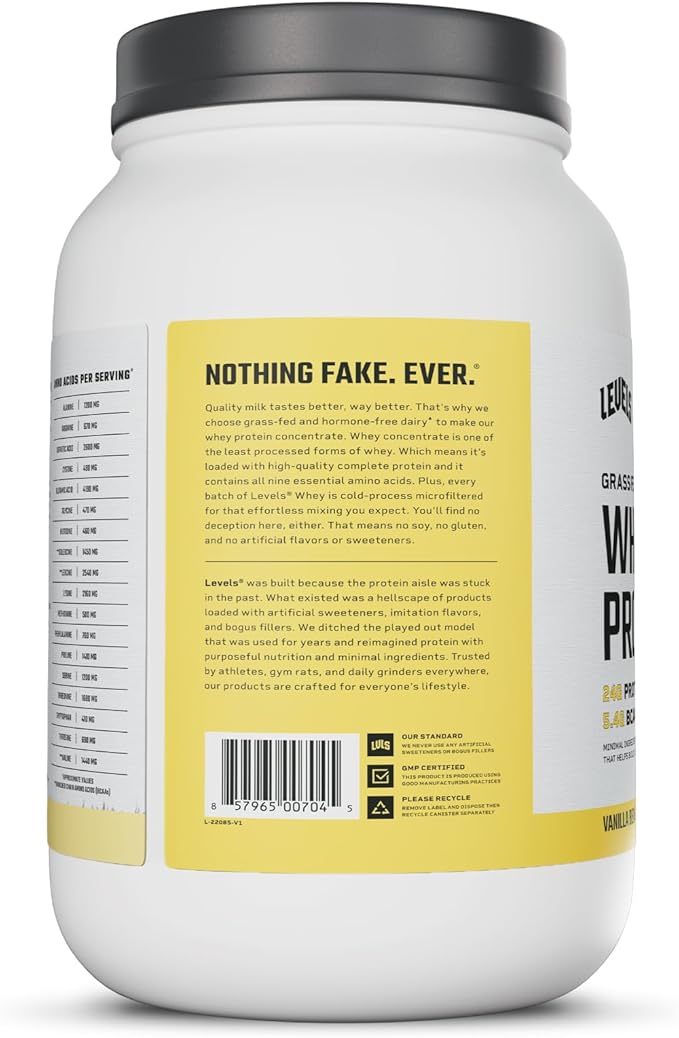 Levels Grass Fed Whey Protein Powder, No Artificials, 24G of Protein, Vanilla Bean, 2LB