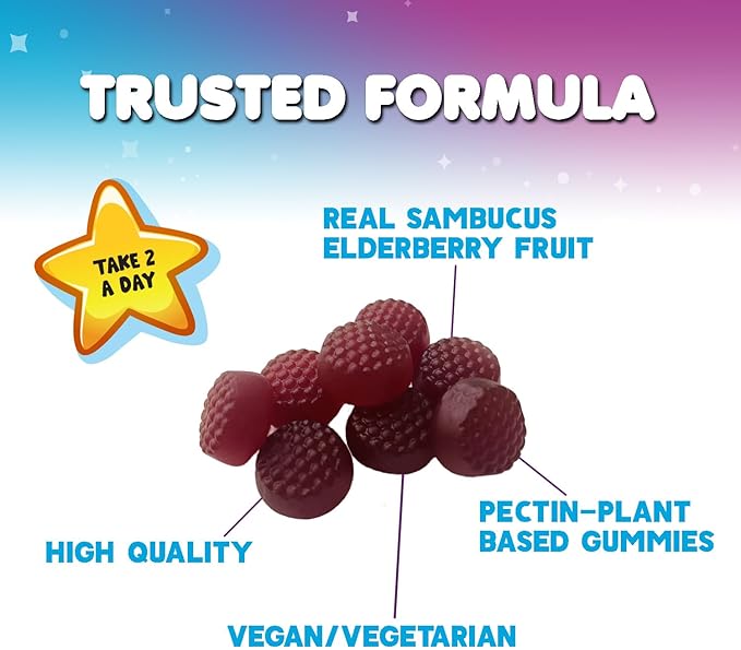 Kids Immune Support Elderberry Gummies - Daily Children's Vitamins C, Zinc & Kids Support Gummy - Nature's Sambucus Elderberry Supplement, Vegan, Gluten-Free, Tasty Berry Flavor - 60 Gummies