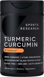 Sports Research® Turmeric Curcumin C3 Complex® w/BioPerine Black Pepper Extract & Organic Coconut Oil - Standardized 95% Curcuminoids · Non-GMO · Gluten Free - 120 Count Softgels