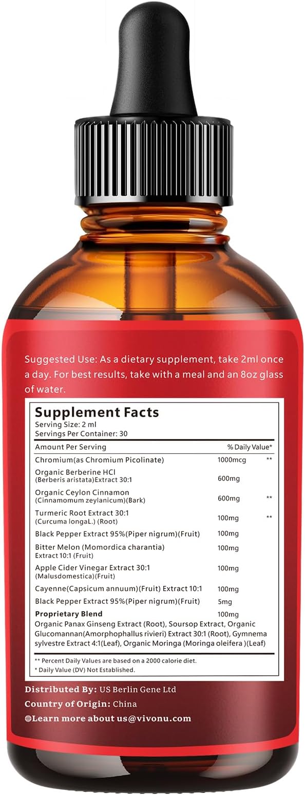 14-in-1 Berberine with Ceylon Cinnamon Supplement Liquid Drops, 1800mg + 30:1 Liposomal Tech with Cayenne Pepper Soursop Chromium Bitter Melon Turmeric Moringa Gymnema Glucomannan, GLP Support 2Bottle