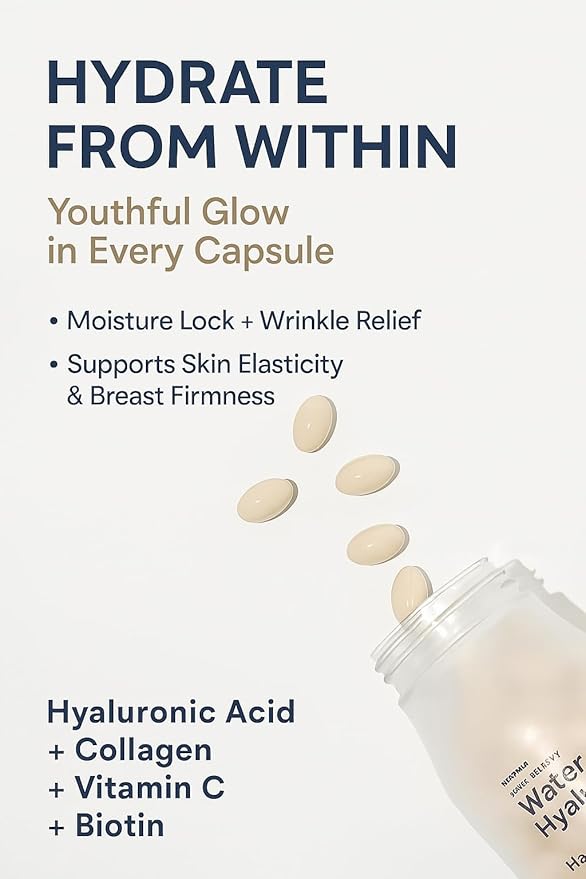 Hanskin Hyaluronic Acid Supplements for Hair, Skin, Wrinkles & Nails | L-Cysteine, Biotin, Vitamin C, Collagen | Nutritional Supplement for Healthy Skin | 60 Capsules