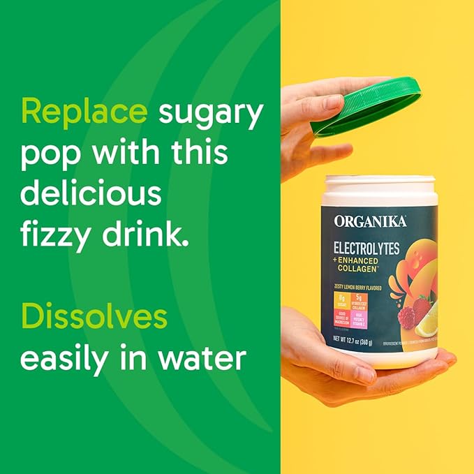 Organikа Electrolytes with Enhanced Collagen Powder for Women & Men - 13 oz - Zesty Lemon Berry-Flavored Effervescent Electrolyte & Collagen Drink Mix - Deep Hydration, Mobility, Skin, Hair, & Nails