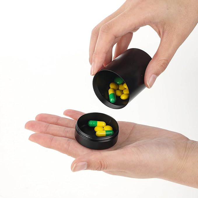 COMNICO 2pcs Portable Metal Pill Organizer, Round Daily Pill Box Holder Pocket Small Pill Case Medicine Organizer Vitamin Bottle Containers for Traveling Outdoor Fish Oils Supplements (Black+Silver)