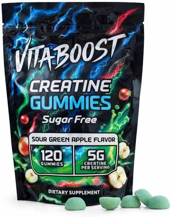 Sugar Free Creatine Monohydrate Gummies – 5g Creatine Per Serving, Sour Green Apple Flavor, Vegan, Low-Calorie, No Artificial Colors, Made in USA (120 Gummies)